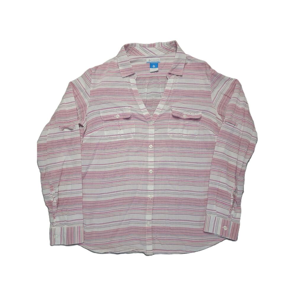 Columbia PFG Button Up Long Sleeve Shirt Womens M Pink Striped Top